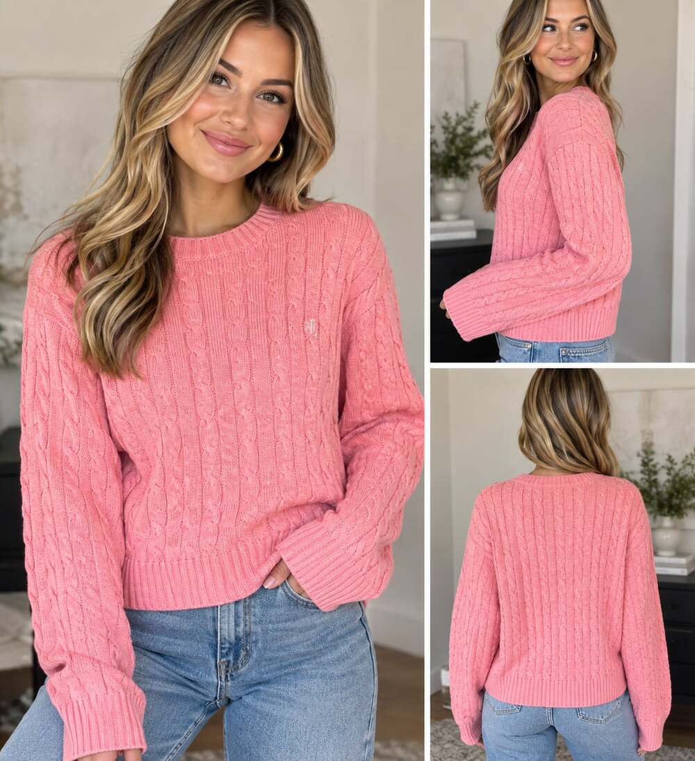Lauren Ralph Lauren Cable Knit Crew Neck Sweater Size XL Pink